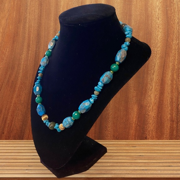 New Natural Turquoise, Pure Gold, & Jade Handmade Necklace Blue Gold Green NWT - Picture 2 of 15